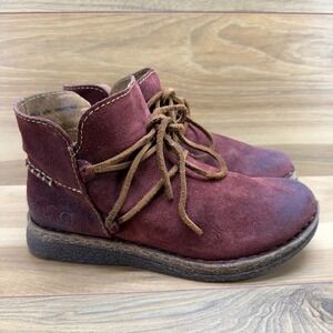 Born Calyn Ankle Boots Womens 7.5 Burgundy Suede Zip Wedge Comfort